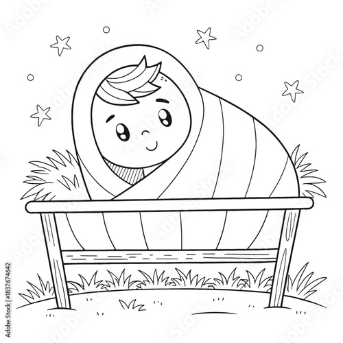 Cute baby jesus in manger coloring page outline drawing for christmas