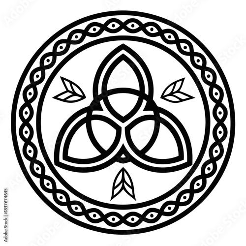 Black and white triquetra knot symbol with leaves in circular frame