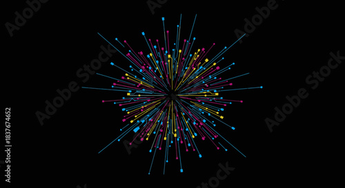 A vibrant abstract explosion of multicolored lines and dots radiating outwards from a central point against a stark black background, symbolizing energy and dynamic motion.