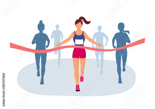 Happy women running in front of group of people and finishing the red ribbon. Illustration of the Marathon Runners or Concept of the Goal Reaching.
