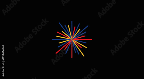 This abstract, vibrant burst of red, yellow, and blue lines radiates from a central point, creating a dynamic graphic on a stark black background.