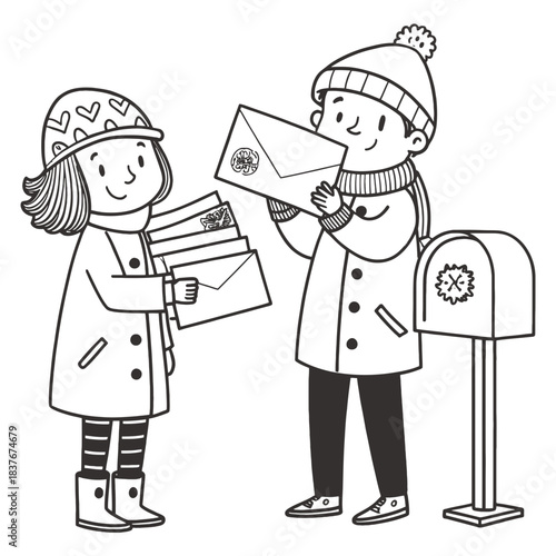 Children mailing letters at a mailbox in winter clothing, coloring page