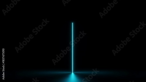 Abstract glowing cyan neon light line beam vertical in dark space.