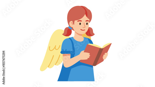 Young Girl With Wings Reading A Book In A Blue Dress With Red Ribbons In Her Hair And Yellow Wings