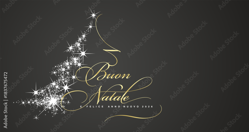 Obraz premium Merry Christmas and Happy New Year 2026 Italian language golden white light script calligraphy typography with glitter sparkle stardust in shape of Christmas tree black background greeting card