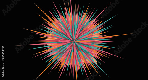 A dynamic burst of vibrant pink, teal, and orange light rays explodes from a central point against a stark black background, symbolizing energy and celebration.