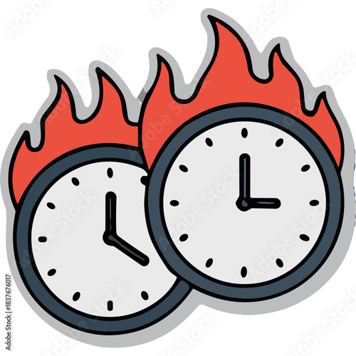 Two analog clocks on fire with red flames against a white background representing the concept of time running out or urgency
