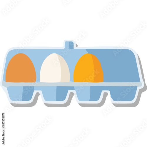 Three Farm Fresh Eggs in a Light Blue Carton Showing Brown White and Orange Shells on a Simple Isolated Background Representing Healthy Food and Organic Products for Breakfast