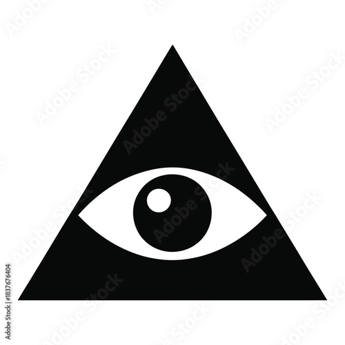 Black and white pyramid with an eye symbol representing mystery, knowledge, illumination, and spiritual insight with geometric shape