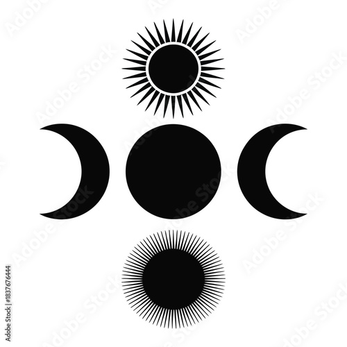 Black and white vector illustration of sun and moon phases depicting celestial bodies and esoteric symbols on an isolated white background for spiritual design
