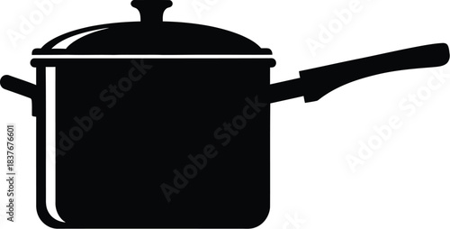 Black pot with handle and lid a kitchen utensil silhouette on transparent background