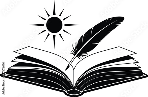 Sun feather and open book design element on transparent background silhouette