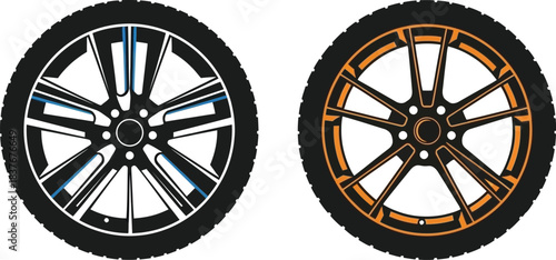 Two car wheels with detailed rims isolated on transparent background silhouette