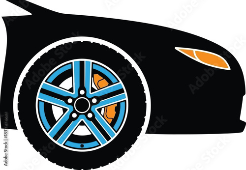 Stylized car side view with vibrant wheels on transparent background silhouette