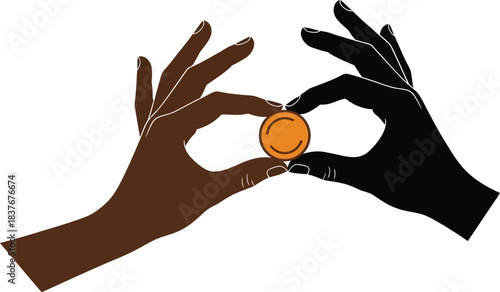 Hands holding a coin contrasting tones artistic design on transparent background silhouette
