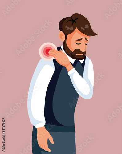 Man Suffering from Shoulder Pain Hurting Vector Illustration. Office Worker suffering from occupational chronic disease 
