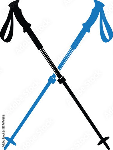 Two crossed hiking poles in blue and black on transparent background silhouette