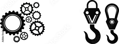 Industrial gears hooks and lifting equipment illustration on transparent background silhouette