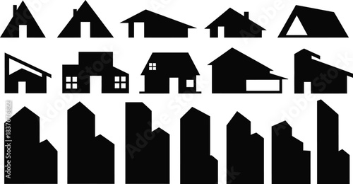 Collection of black house silhouettes with various styles on transparent background