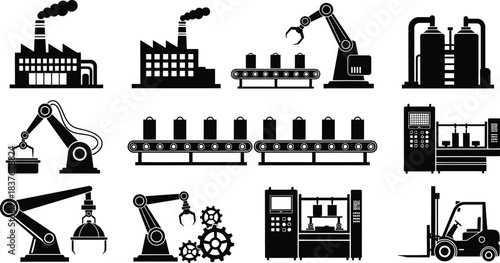 Industrial factory elements with robotic arms and machinery silhouette on transparent background