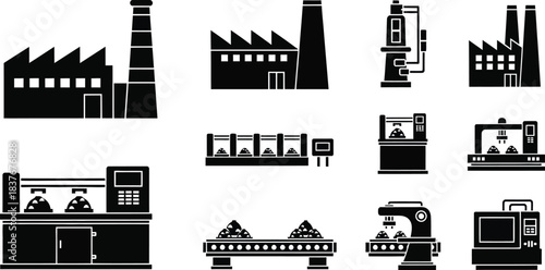 Industrial factory silhouettes with various machinery on transparent background