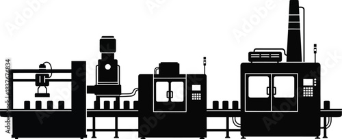 Industrial factory complex with various machines in black silhouette on transparent background