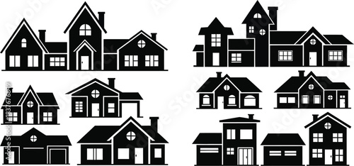 Variety of black house silhouettes ideal for design projects on transparent background