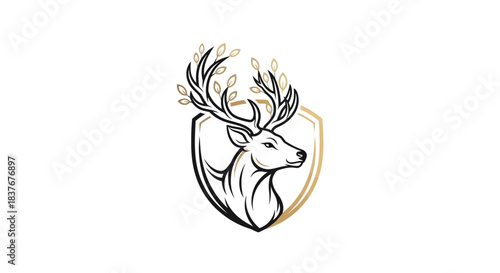 Elegant deer head logo with golden leaf antlers and shield. A premium emblem design symbolizing nature, strength, nobility, and sophisticated quality for branding