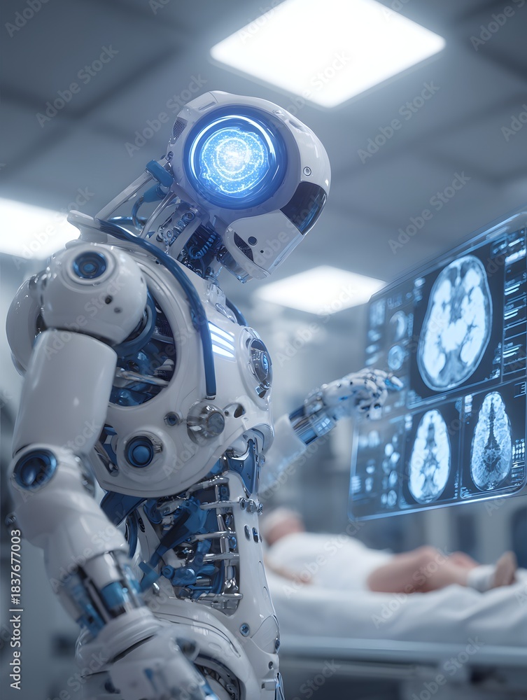 Fototapeta premium Futuristic Medical Robot Analyzing Brain MRI Scan on Holographic Display in High-Tech Clinic
