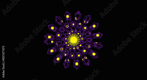 An intricate digital mandala-like pattern unfolds with a bright yellow center, surrounded by radiating purple crystalline elements on a stark black backdrop.