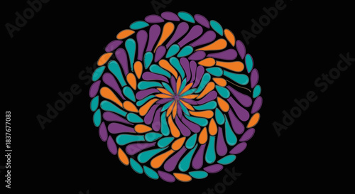 A mesmerizing abstract spiral design features colorful teardrop shapes in purple, teal, and orange, creating a dynamic visual against a dark background.