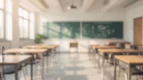  Neutral classroom tone supported by blurred chair table and faint blackboard interior wallpaper background