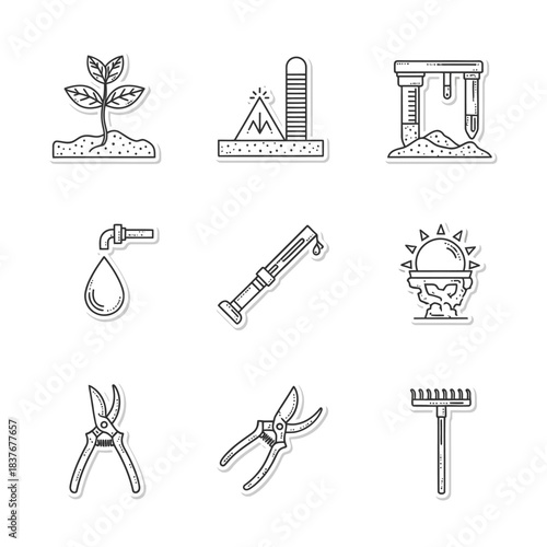 A comprehensive collection of line art icons depicting essential elements and tools for modern agriculture, sustainable gardening, and environmental cultivation practices.