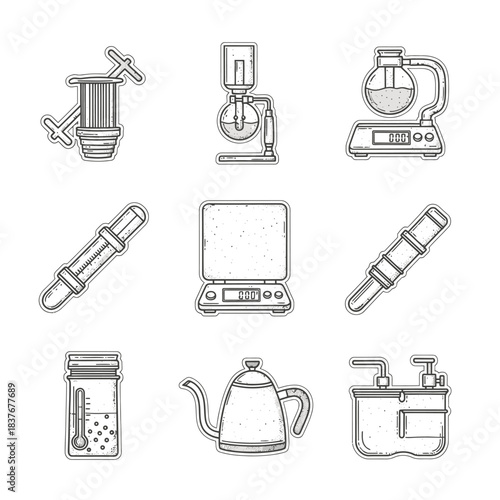 This detailed graphic features an array of sophisticated coffee brewing devices, from pour-over kettles to precision scales, rendered in a clean line art style.