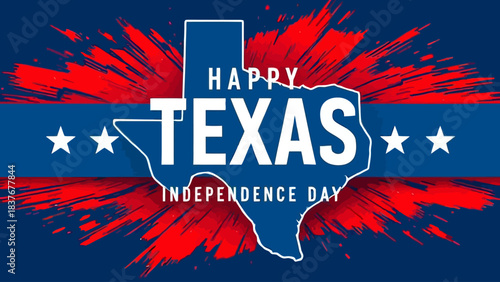 A patriotic graphic celebrating Texas Independence Day with the state outline, stars, and a red, white, and blue design.