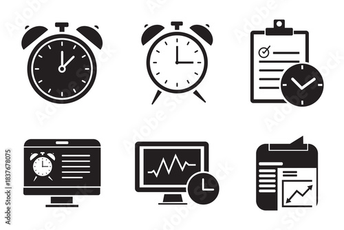 Time management and deadline icon set. Alarm clock, business schedule clipboard, computer monitoring, and work efficiency vector symbol.