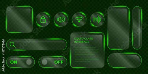3D Liquid glass smartphone interface isolated. UI UX light frame rounded square and circle elements with a glow stroke. Collection design widget for smartphone and web app.