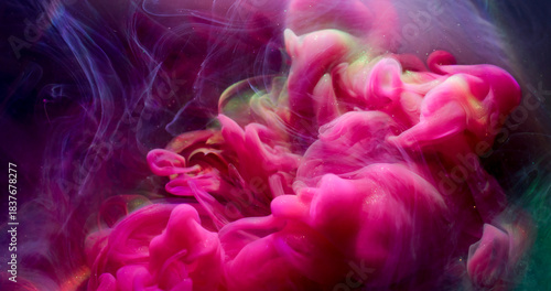 Smoke texture. Fog paint. Defocused pink purple yellow color rainbow splash cloud shimmer water spreading on abstract acrylic background.