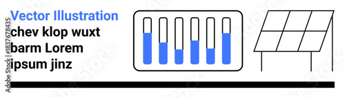 Solar panel beside energy storage battery bars displaying varying charge levels. Ideal for sustainability, renewable power, clean energy, green technology, eco-innovation, energy efficiency, simple