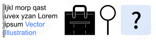 Business analysis, problem solving, exploration, research, investigation, decision making. A black briefcase, a magnifying glass and a question mark on a light blue square. Business analysis