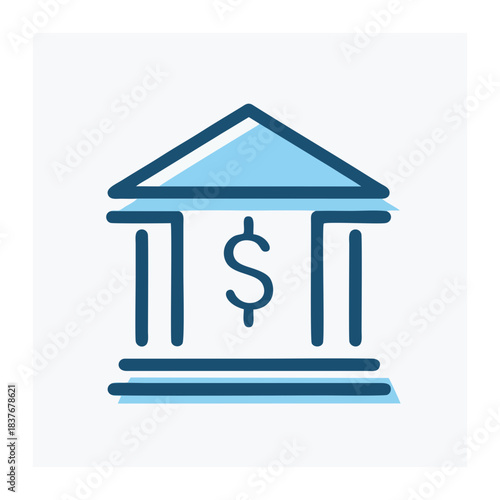 Minimalist blue line art icon symbolizing a sturdy financial institution, featuring a prominent dollar symbol, perfect for conveying banking services, secure wealth management