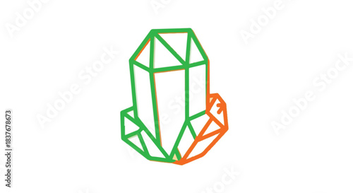 Geometric crystal structure with green and orange hues on white background.
