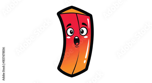 Cartoonish red and orange object with surprised expression and open mouth.