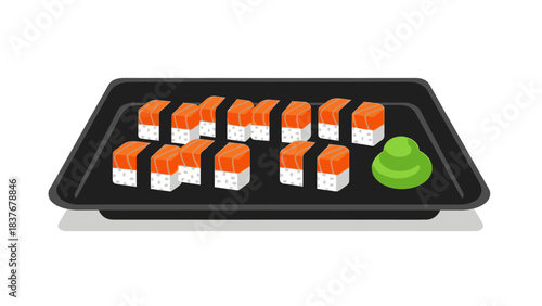 Illustration of sushi rolls on a black tray with wasabi