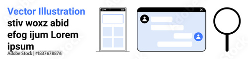 Online communication, mobile apps, messaging, search function, user interaction, digital tools. Mobile interface, chat window and magnifying glass icon. Online communication and mobile apps concept