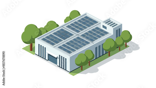 Isometric view of a building topped with solar panels, surrounded by trees
