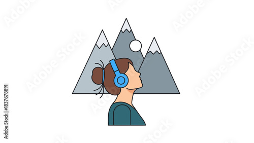Line art illustration of a woman listening to headphones looking at mountains with a moon in the background