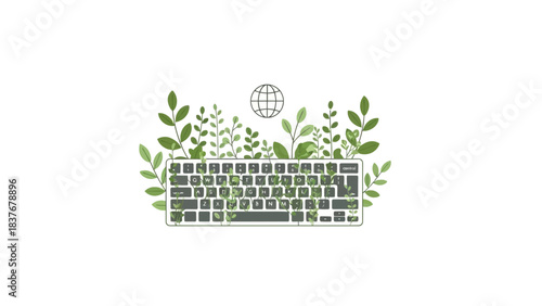 Keyboard with leaves growing through, globe above on white
