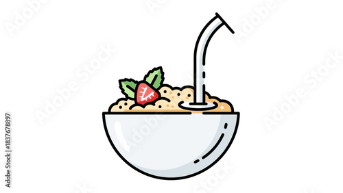 Line art shows cereal in bowl, pouring milk, topped with a strawberry and mint on white background