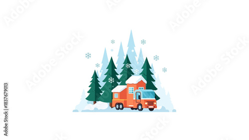 A colorful truck pulls a house through a snowy forest with snowflakes falling in a flat, simple, graphic style